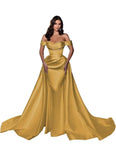 Mermaid Satin Prom Dresses for Women 2027 Long Off Shoulder Ruched Corset Formal Evening Dress Detachable Train