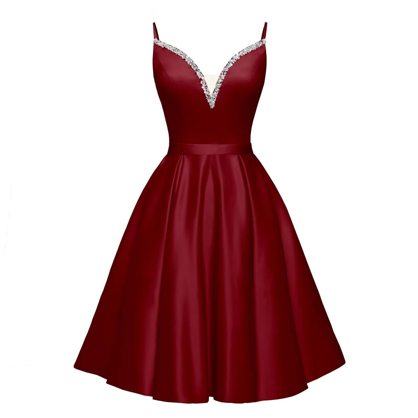 Spaghetti Straps Satin Homecoming Dresses for Teens V-Neck Short Prom Dress A-Line Beaded Cocktail Party Gowns