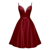 Spaghetti Straps Satin Homecoming Dresses for Teens V-Neck Short Prom Dress A-Line Beaded Cocktail Party Gowns