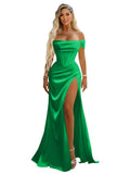 Off Shoulder Mermaid Prom Dresses with Slit 2027 Long Satin Pleated Formal Dress for Women Evening Party