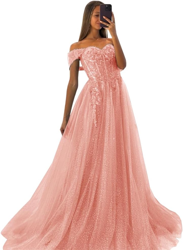 Off The Shoulder Tulle Prom Dresses 2027 Lace Applique A Line Long Sparkly Formal Evening Party Gowns