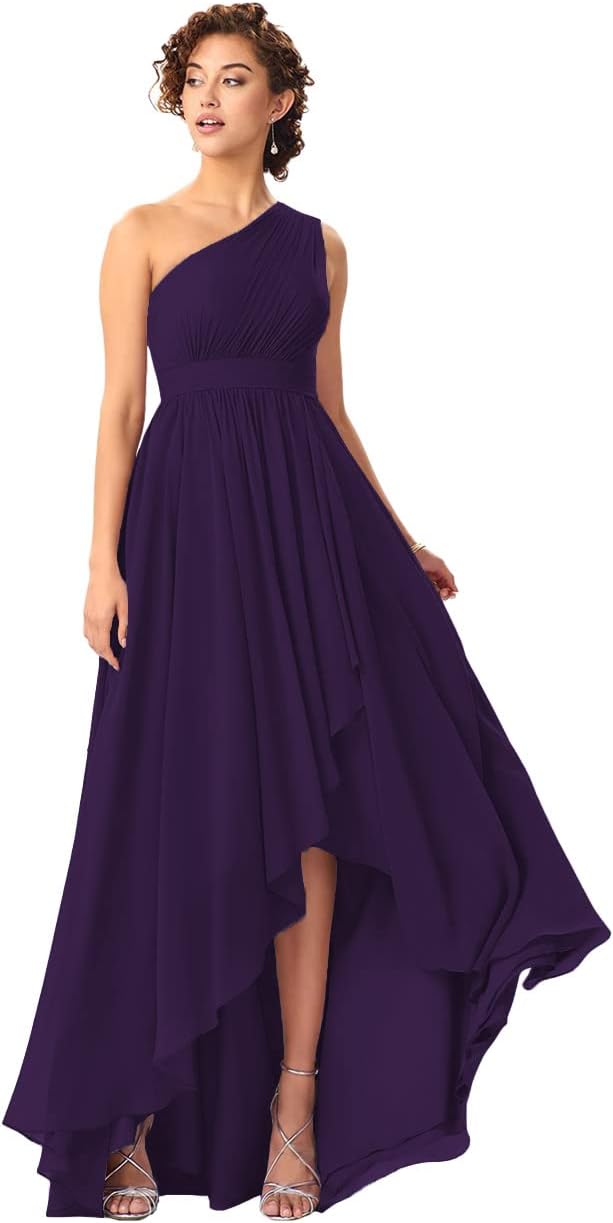 Women's One Shoulder Bridesmaid Dresses High Low Chiffon Formal Party Gowns with Pockets