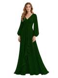 Women's Chiffon Bridesmaid Dresses Long Sleeve Ruffles V-Neck Pleated Formal Wedding Guest Dresses Mother of the bride Dress