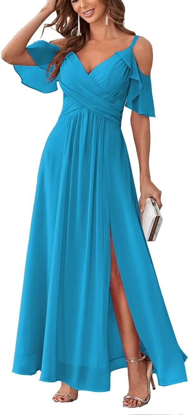 Women's Cold Shoulder Bridesmaid Dresses Long Summer Side Slit Chiffon Formal Evening Gown with Pockets