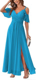 Women's Cold Shoulder Bridesmaid Dresses Long Summer Side Slit Chiffon Formal Evening Gown with Pockets