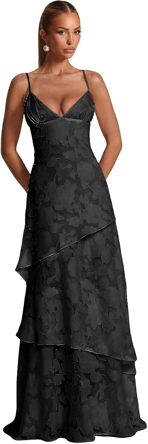 Spaghetti Strap Floral Bridesmaid Dresses for Women Tiered Ruffle A-Line Long Formal Prom Dress