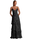 Spaghetti Strap Floral Bridesmaid Dresses for Women Tiered Ruffle A-Line Long Formal Prom Dress