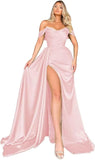 Off Shoulder Satin Bridesmaid Dresses Long Formal Gown for Wedding Ruched Prom Dress with Slit