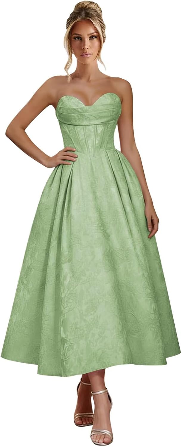 Jacquard Satin Prom Dresses for Women Strapless Tea Length Sweetheart Neck A-line Formal Party Dress with Pockets