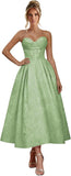 Jacquard Satin Prom Dresses for Women Strapless Tea Length Sweetheart Neck A-line Formal Party Dress with Pockets