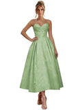 Jacquard Satin Prom Dresses for Women Strapless Tea Length Sweetheart Neck A-line Formal Party Dress with Pockets