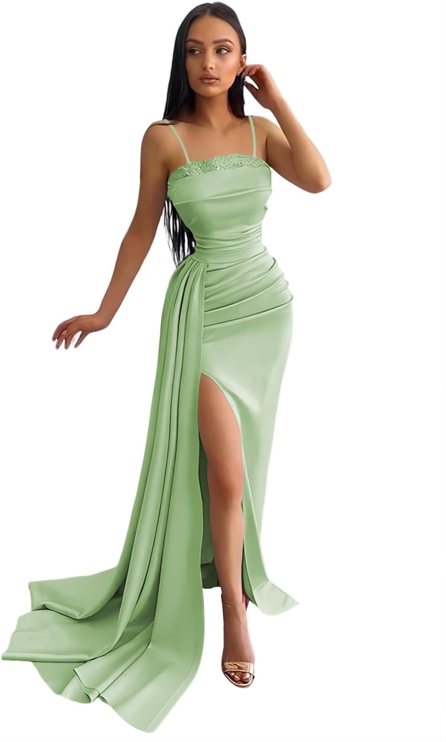 Women's Mermaid Prom Dresses Long with Slit 2025 Sequins Satin Spaghetti Straps Formal Evening Party Gown