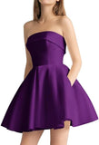 Women's Strapless Satin Short Prom Dresses with Pocket A Line Glitter Homecoming Dress Short Evening Party Ball Gown