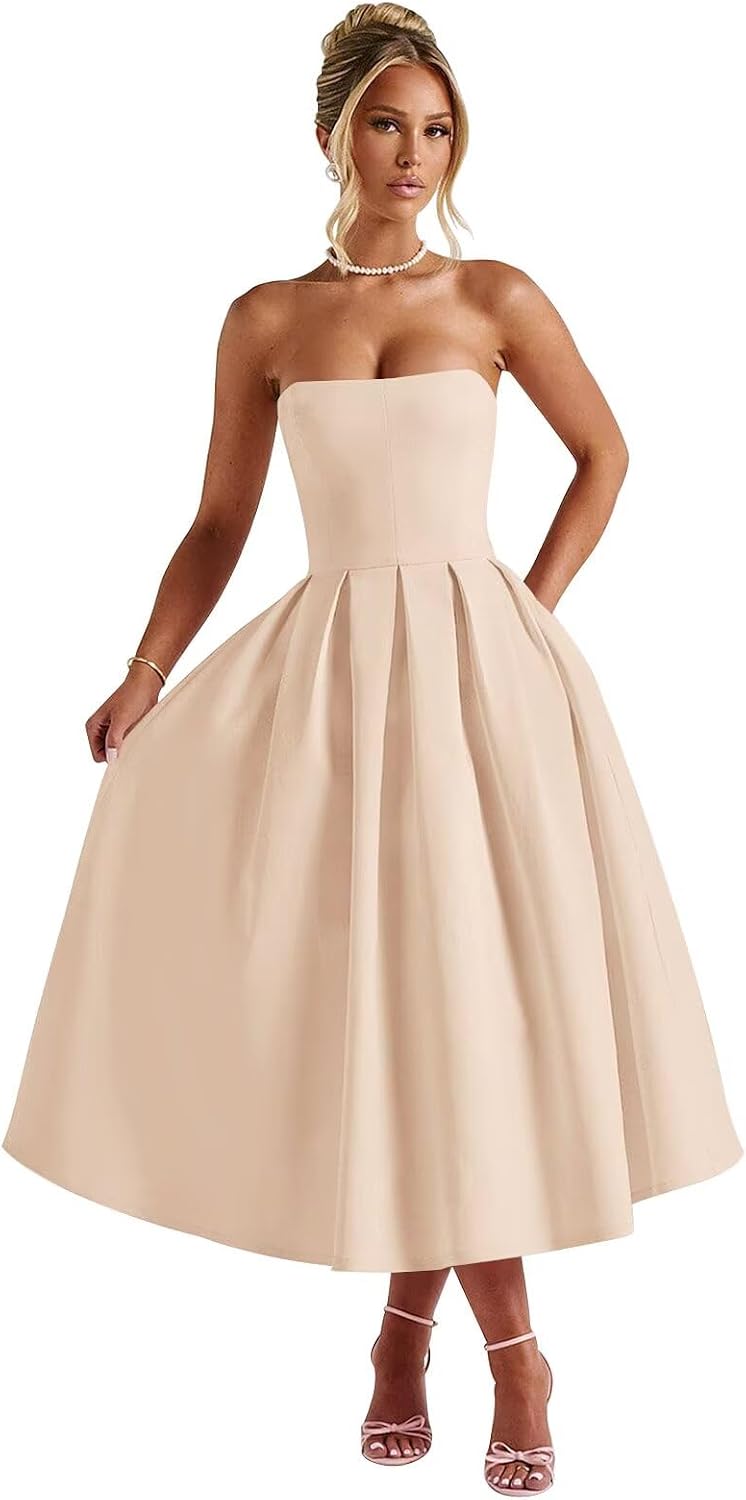 Strapless Satin Tea Length Prom Dresses for Women 2027 A-Line Corset Backless Cocktail Bridesmaid Dress with Pocket