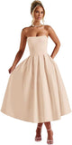 Strapless Satin Tea Length Prom Dresses for Women 2027 A-Line Corset Backless Cocktail Bridesmaid Dress with Pocket