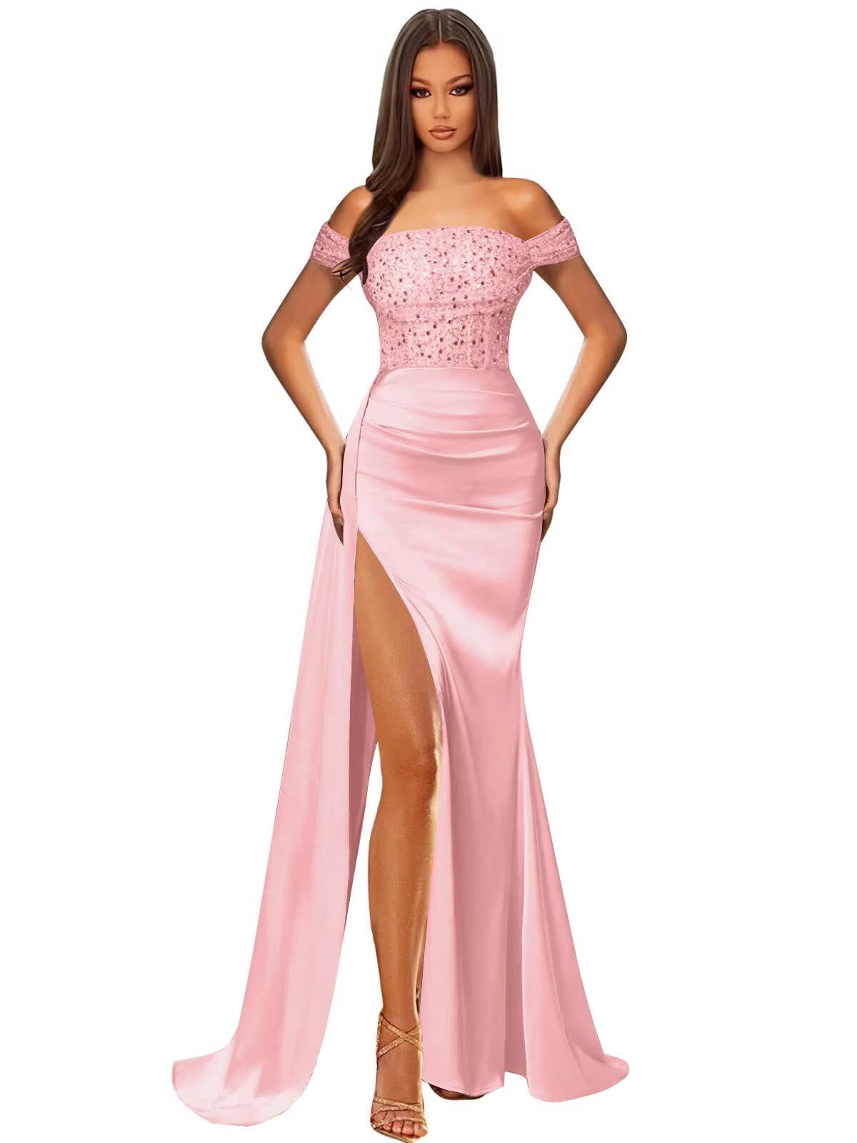 Off Shoulder Sequin Prom Dresses for Women 2027 Long Mermaid Tight Satin Formal Evening Party Dress with Slit