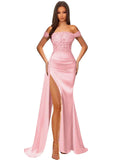 Off Shoulder Sequin Prom Dresses for Women 2027 Long Mermaid Tight Satin Formal Evening Party Dress with Slit