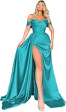Off Shoulder Satin Bridesmaid Dresses Long Formal Gown for Wedding Ruched Prom Dress with Slit