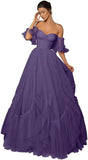 A-line Ruffled Short Sleeve Tulle Prom Dress for Women, Sweetheart Formal Gown Off The Shoulder Long Party Dress