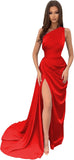 Vestidos de dama de honor largos con un hombro al descubierto y pliegues de satén estilo sirena para fiesta de boda formal 