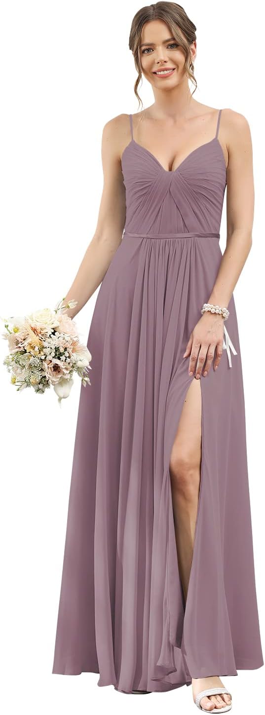 Vestidos de dama de honor largos con tirantes finos y bolsillos, plisados, formales, de noche, con abertura 