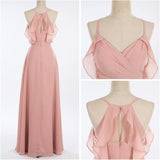Women's Long Spaghetti Straps Bridesmaid Dress with Slit Off Shoulder Chiffon Formal Party Gowns