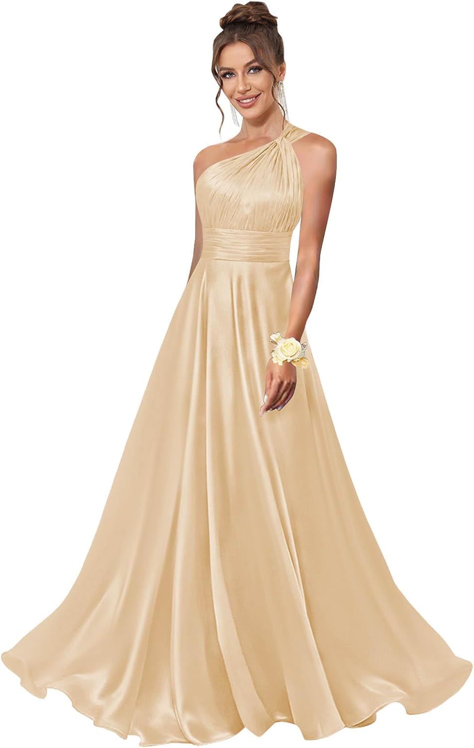 One Shoulder Bridesmaid Dresses for Women Satin Pleated A Line Long Formal Prom Dress with Pockets