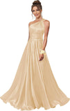 One Shoulder Bridesmaid Dresses for Women Satin Pleated A Line Long Formal Prom Dress with Pockets