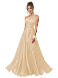 One Shoulder Bridesmaid Dresses for Women Satin Pleated A Line Long Formal Prom Dress with Pockets