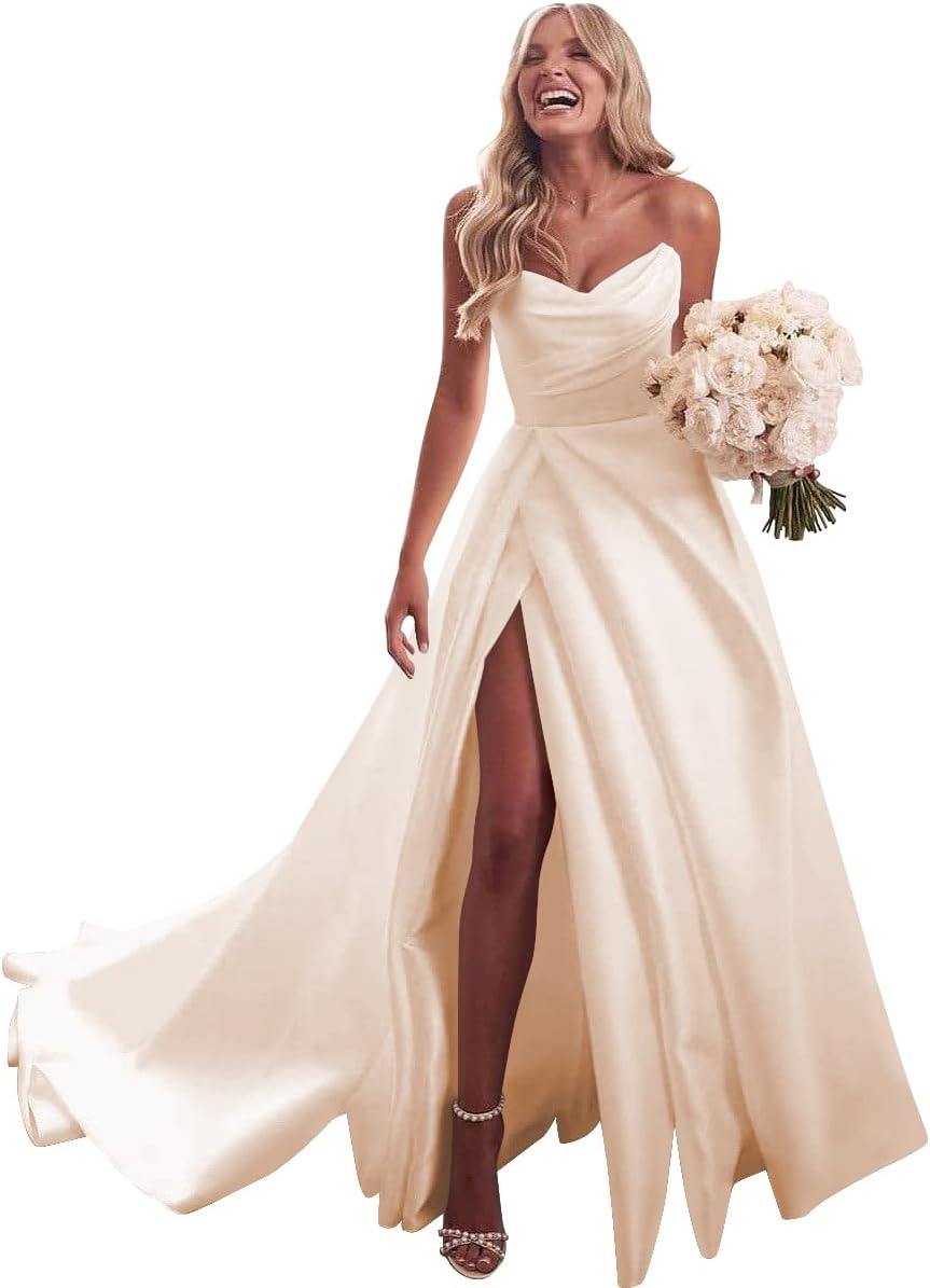 Strapless Satin Prom Wedding Dresses with Slit Long Pleats Formal Ball Bridal Gowns with Pockets