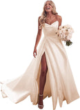 Strapless Satin Prom Wedding Dresses with Slit Long Pleats Formal Ball Bridal Gowns with Pockets