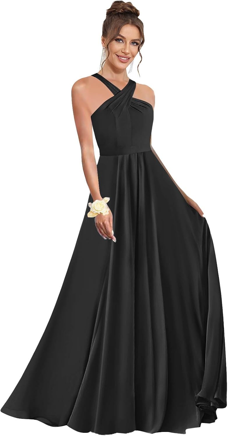 Halter Bridesmaid Dresses for Wedding Chiffon A Line Pleated Long Formal Prom Dress with Belt