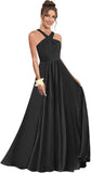 Halter Bridesmaid Dresses for Wedding Chiffon A Line Pleated Long Formal Prom Dress with Belt