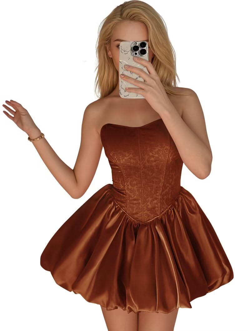 Strapless Satin Homecoming Dresses for Teens Jacquard Short Prom Dress A-line Cocktail Party Gowns with Pockets