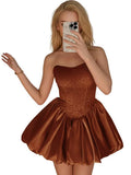 Strapless Satin Homecoming Dresses for Teens Jacquard Short Prom Dress A-line Cocktail Party Gowns with Pockets