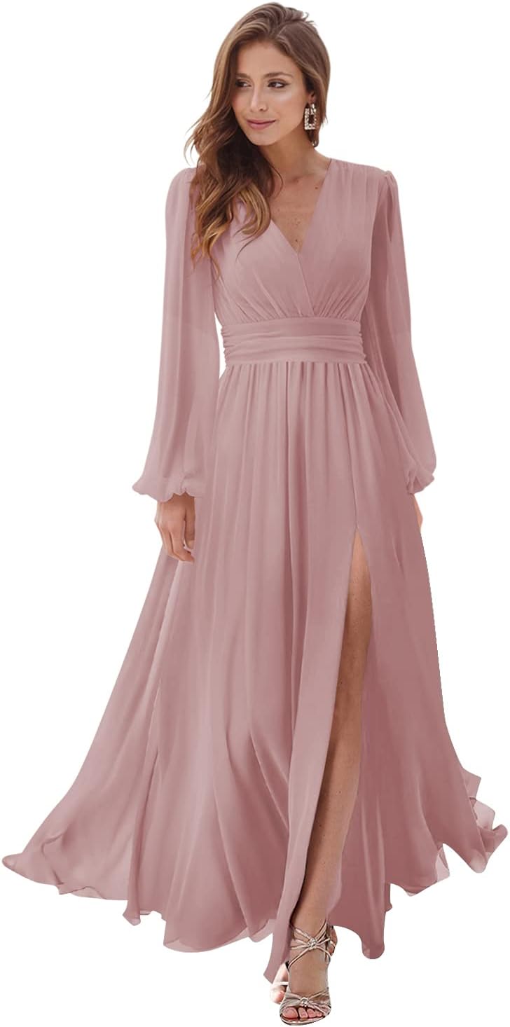 Women's Long Sleeve Bridesmaid Dresses with Slit V Neck A Line Chiffon Formal Evening Gowns with Pockets Mother of the Bride Gowns