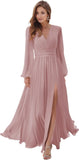 Women's Long Sleeve Bridesmaid Dresses with Slit V Neck A Line Chiffon Formal Evening Gowns with Pockets Mother of the Bride Gowns