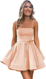 Women’s Short Satin Spaghetti Straps Formal Homecoming Dresses A Line Corset Puffy Prom Gown with Pockets for Teens