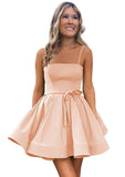 Women’s Short Satin Spaghetti Straps Formal Homecoming Dresses A Line Corset Puffy Prom Gown with Pockets for Teens