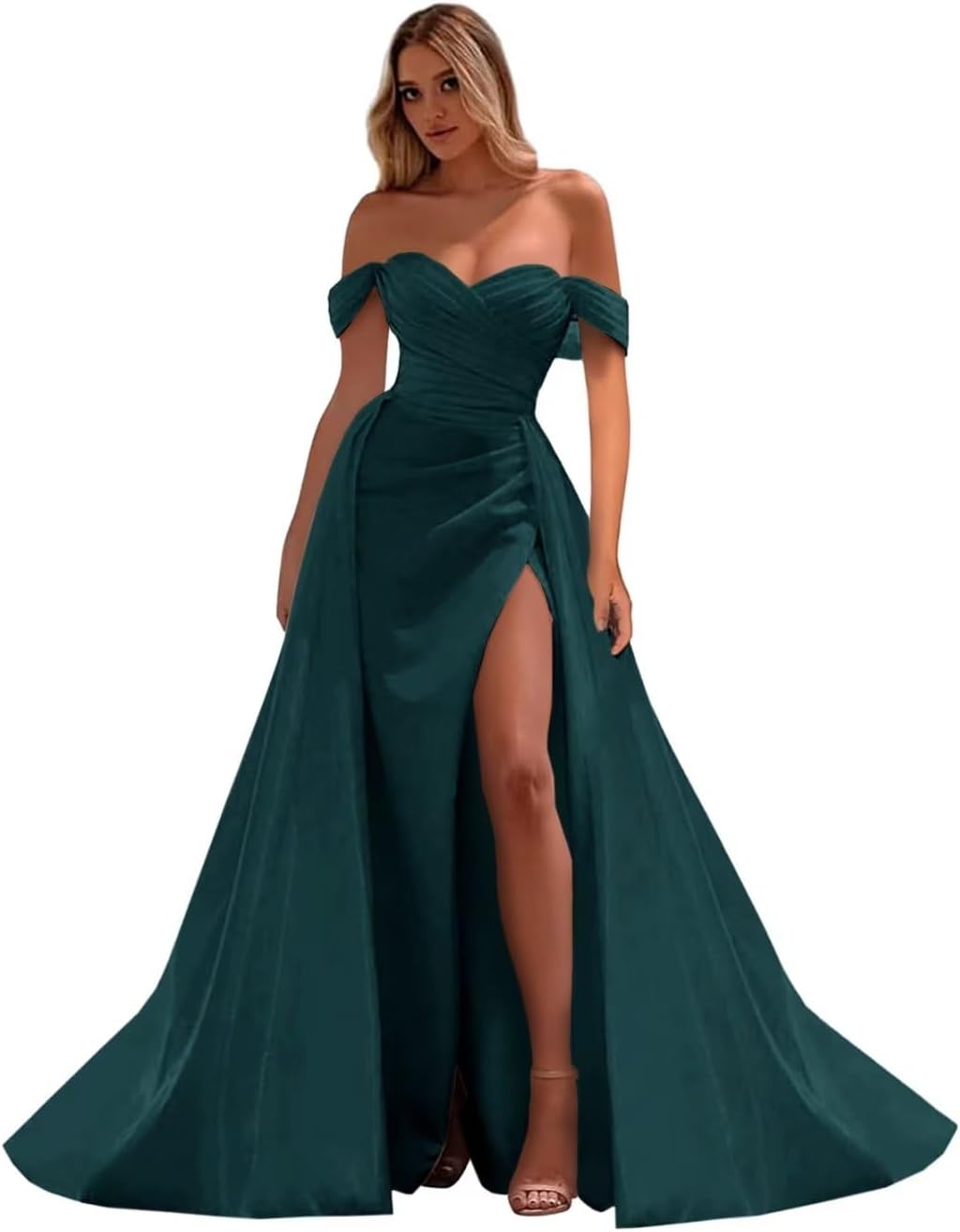 Vestidos de fiesta de satén con hombros descubiertos, corte sirena, fruncido, de noche formal, para mujer 