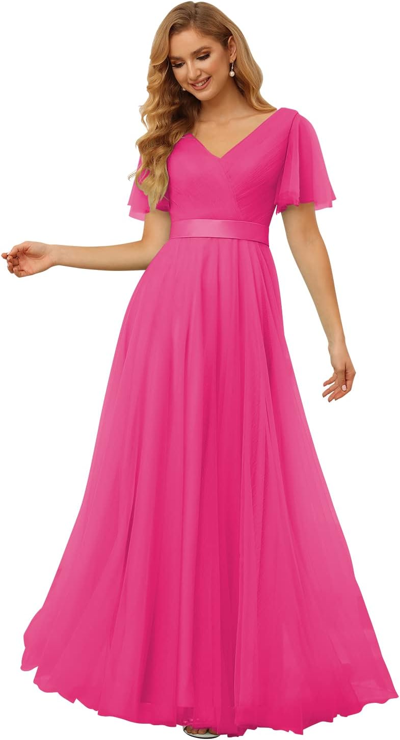 Damen Brautjungfernkleider mit Flatterärmeln, Tüll, lang, V-Ausschnitt, Empire-Taille, formelles Kleid 
