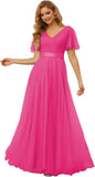 Damen Brautjungfernkleider mit Flatterärmeln, Tüll, lang, V-Ausschnitt, Empire-Taille, formelles Kleid 