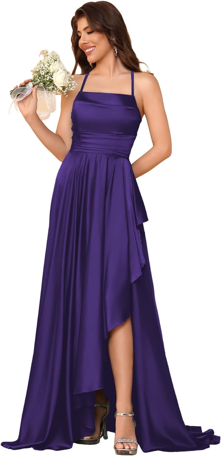 Women's Long Satin Bridesmaid Dresses Spaghetti Strap Halter Formal Evening Gown Ruffle High Low Wedding Guest Dress