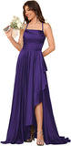 Women's Long Satin Bridesmaid Dresses Spaghetti Strap Halter Formal Evening Gown Ruffle High Low Wedding Guest Dress