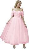 Tulle Tea Length Prom Dresses for Women Off The Shoulder Ball Gowns Teens Sweetheart Beaded Puffy Princess Dress