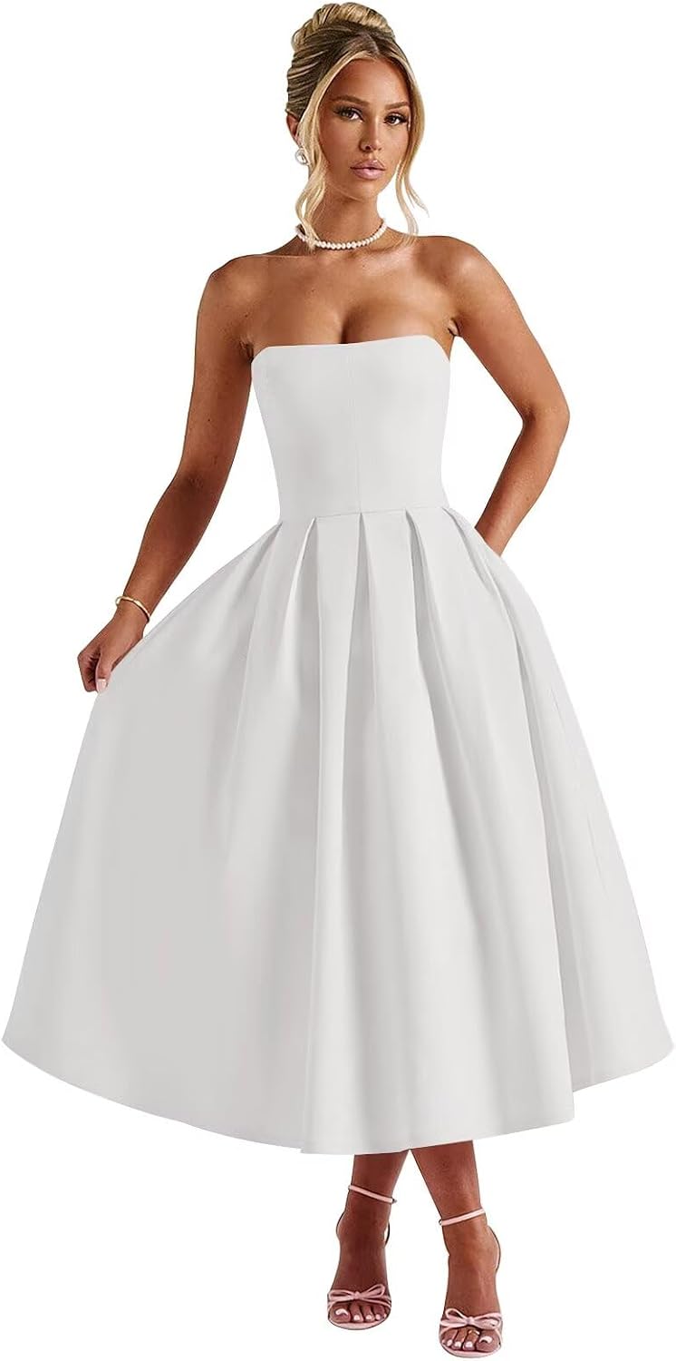 Strapless Satin Tea Length Prom Dresses for Women 2027 A-Line Corset Backless Cocktail Bridesmaid Dress with Pocket