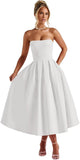 Strapless Satin Tea Length Prom Dresses for Women 2027 A-Line Corset Backless Cocktail Bridesmaid Dress with Pocket