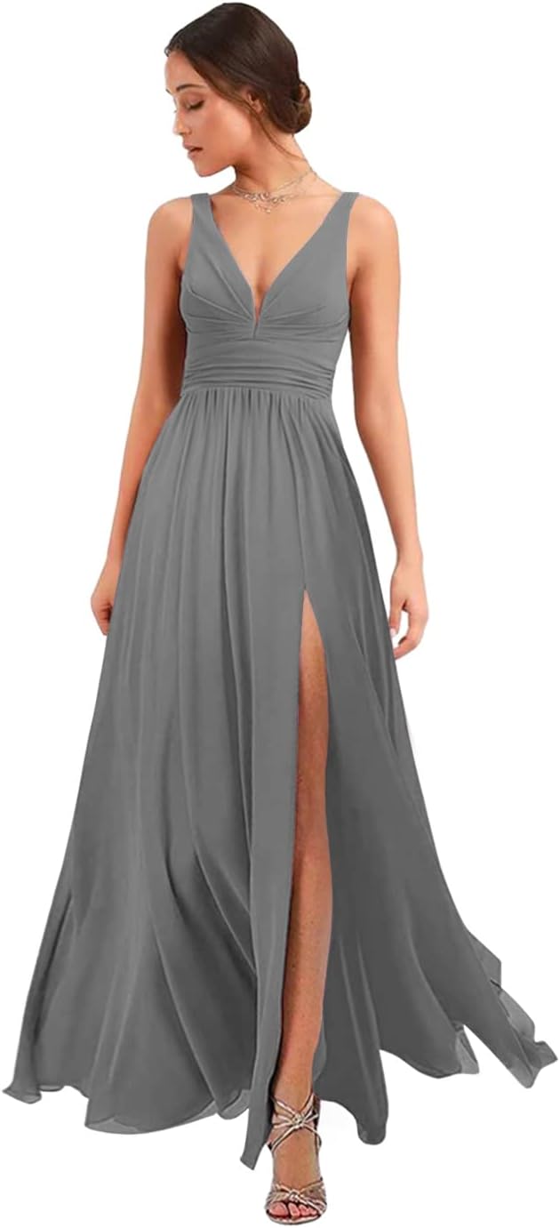 Women's Deep V Neck Bridesmaid Dresses with Slit Chiffon Pleats A Line Formal Party Dresses with Pockets