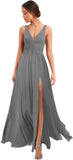 Women's Deep V Neck Bridesmaid Dresses with Slit Chiffon Pleats A Line Formal Party Dresses with Pockets