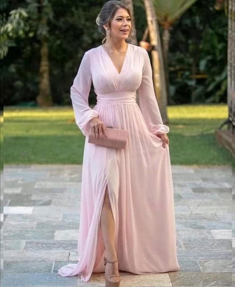 Women's Long Sleeve Bridesmaid Dresses with Slit V Neck A Line Chiffon Formal Evening Gowns with Pockets Mother of the Bride Gowns
